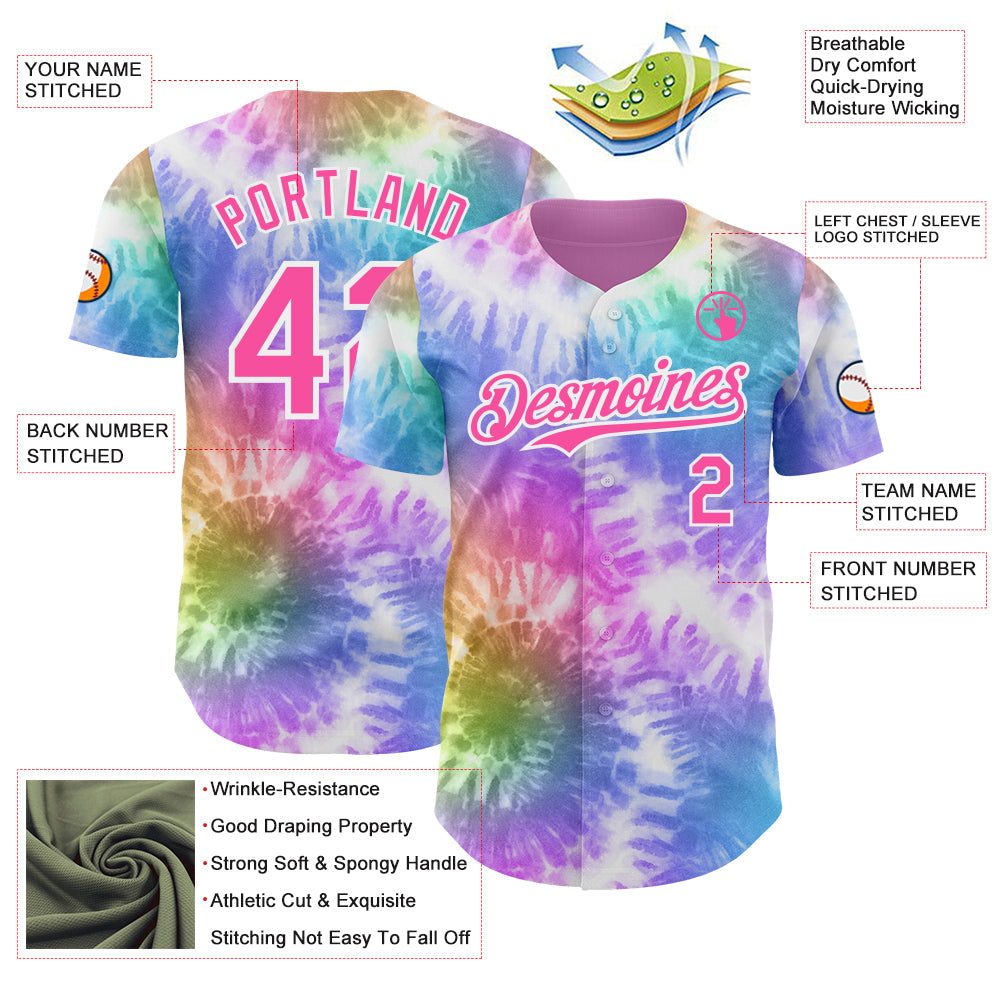 Custom Tie Dye Pink-White Shibori Pattern Authentic Baseball Jersey view 3