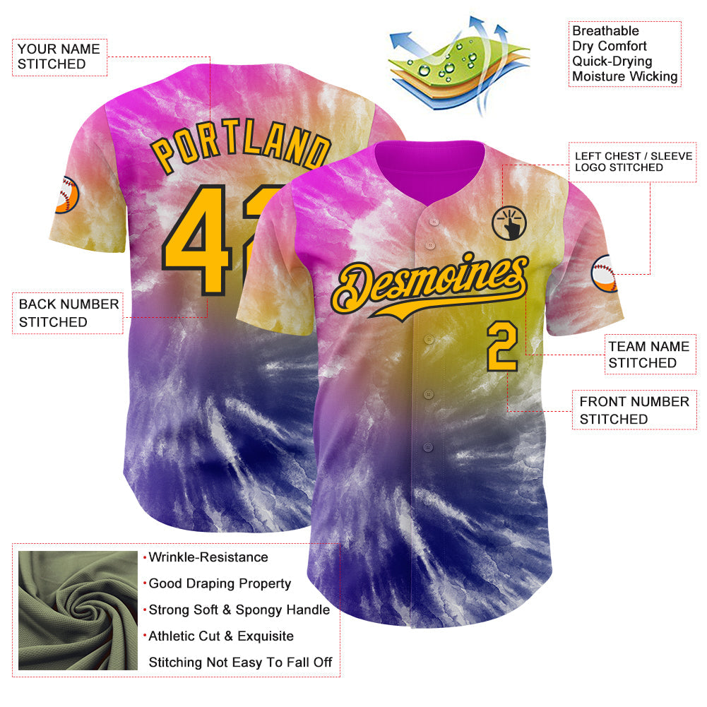 Custom Tie Dye Gold-Black Shibori Pattern Authentic Baseball Jersey view 3