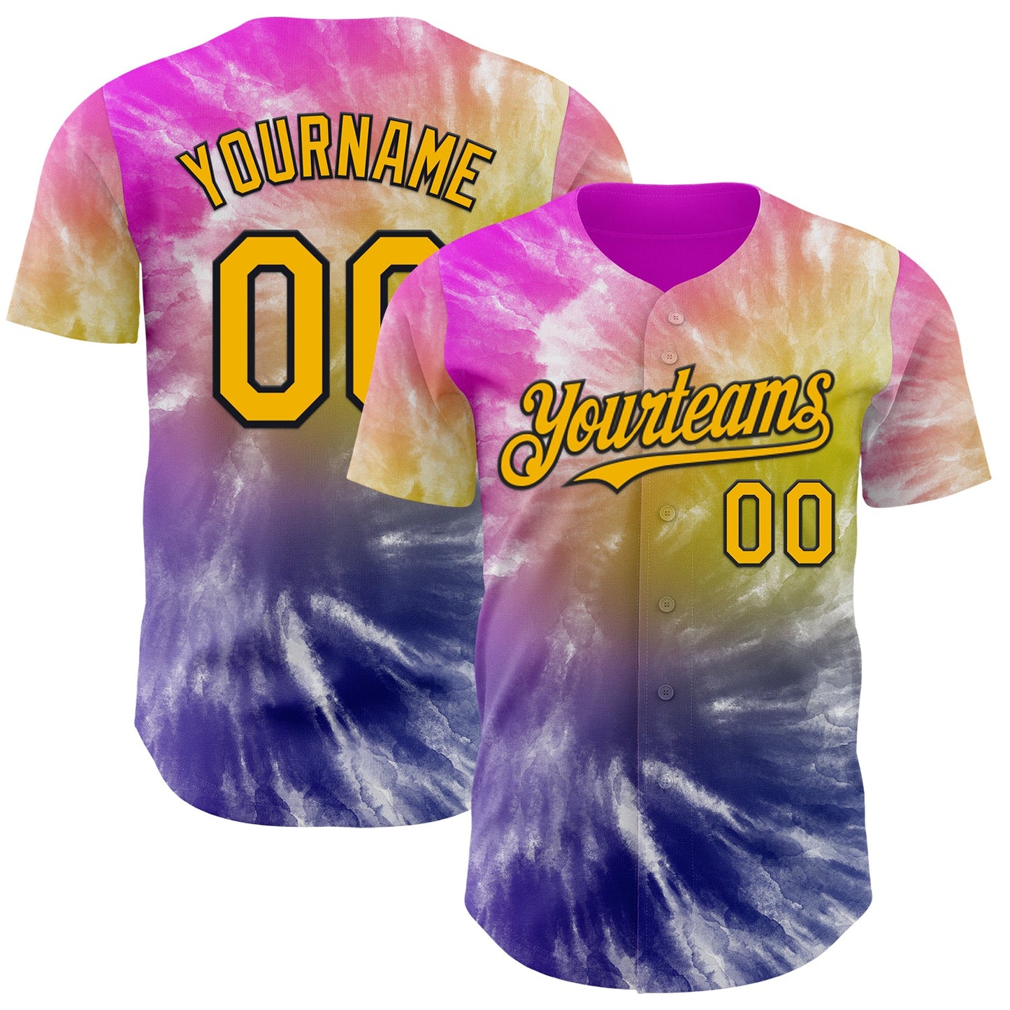 Custom Tie Dye Gold-Black Shibori Pattern Authentic Baseball Jersey - Main View
