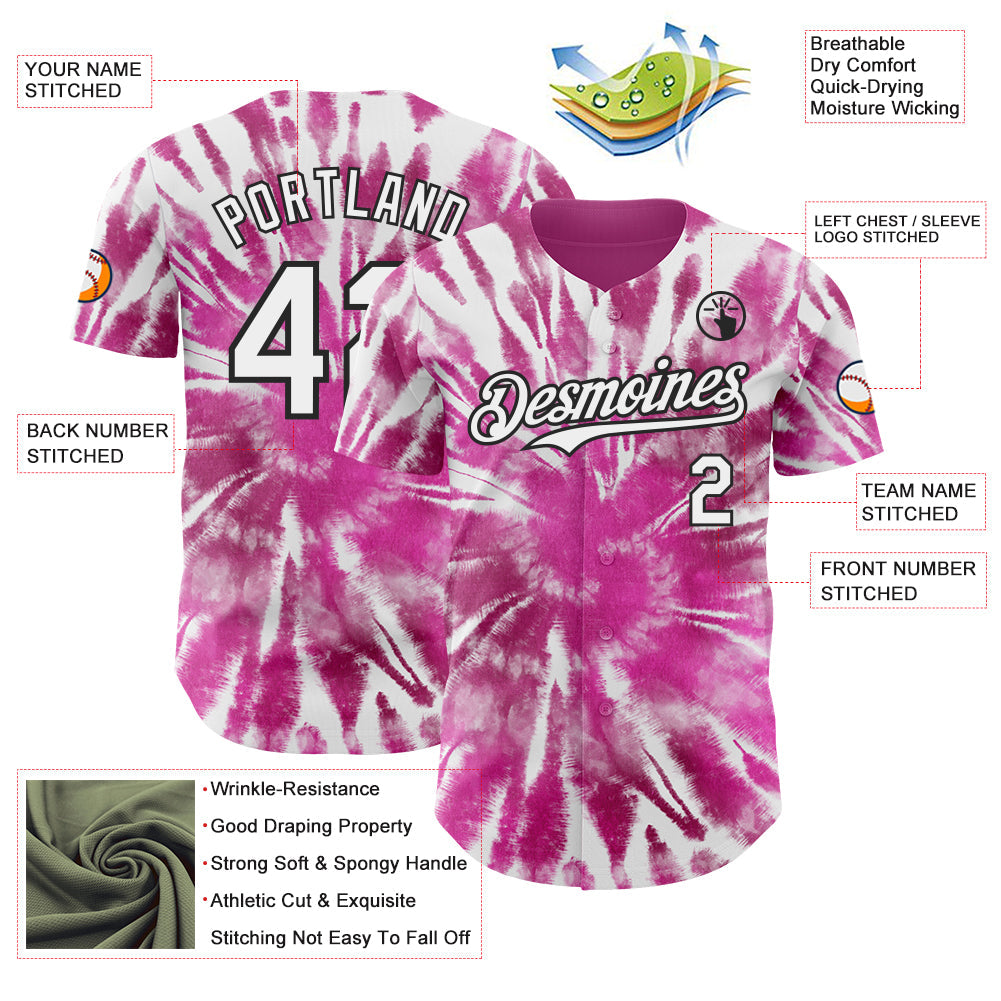 Custom Tie Dye White-Black Shibori Pattern Authentic Baseball Jersey view 3