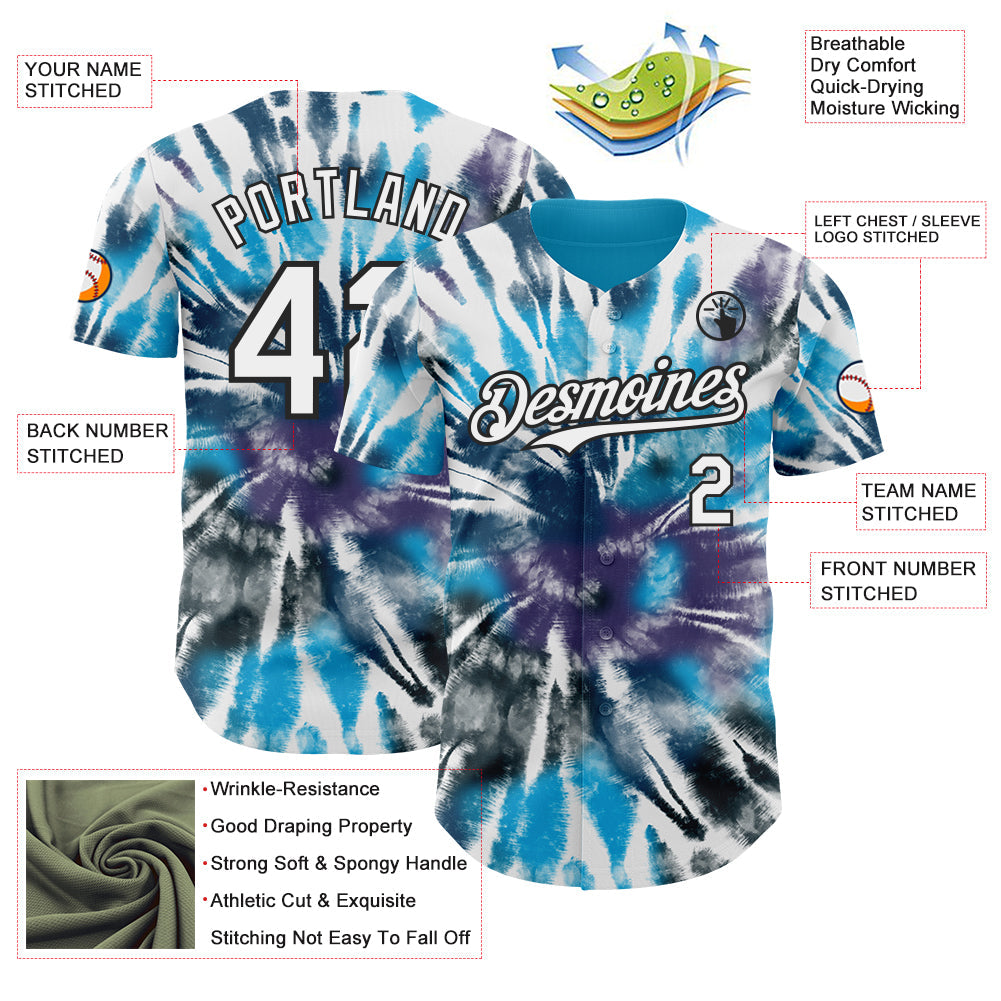 Custom Tie Dye White-Black Shibori Pattern Authentic Baseball Jersey view 3