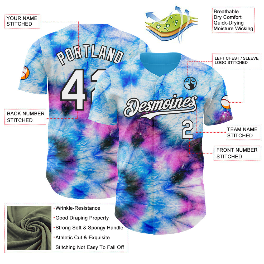 Custom Tie Dye White-Black Shibori Pattern Authentic Baseball Jersey view 3