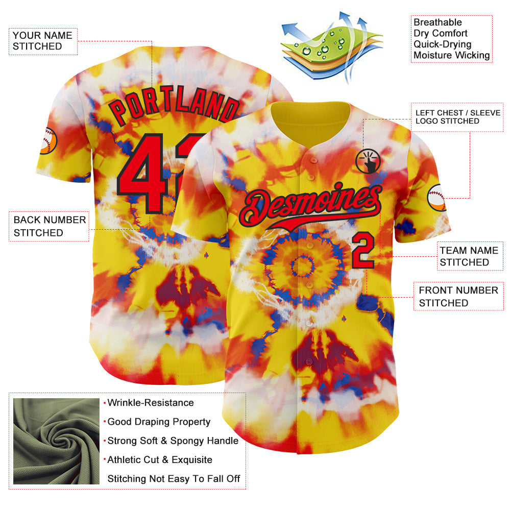 Custom Tie Dye Fire Red-Black Shibori Pattern Authentic Baseball Jersey view 3