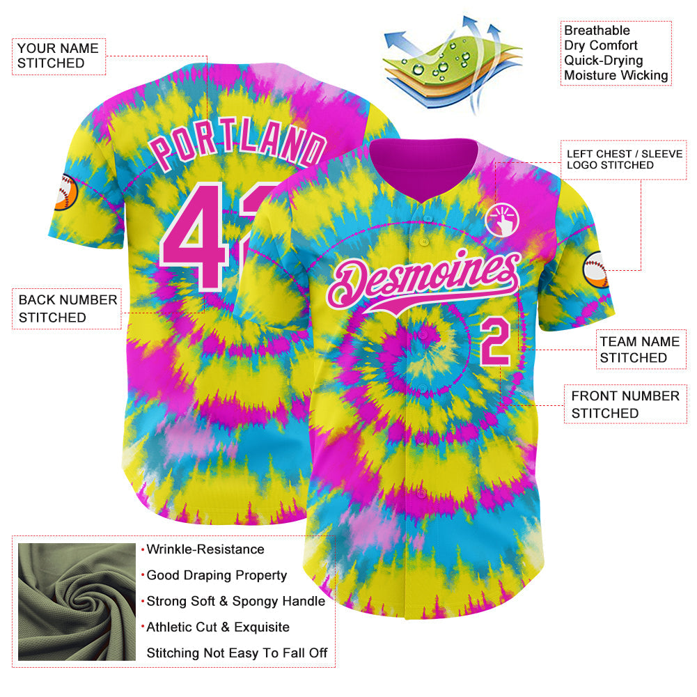 Custom Tie Dye Deep Pink-White Shibori Pattern Authentic Baseball Jersey view 3
