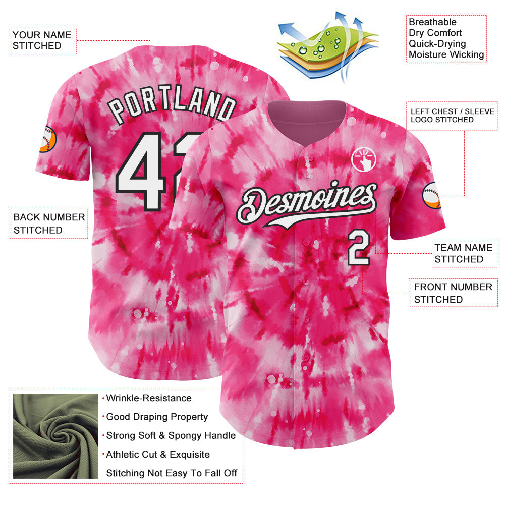 Custom Tie Dye White-Black Shibori Pattern Authentic Baseball Jersey view 3