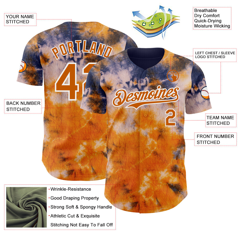 Custom Tie Dye Texas Orange-White Shibori Pattern Authentic Baseball Jersey view 3