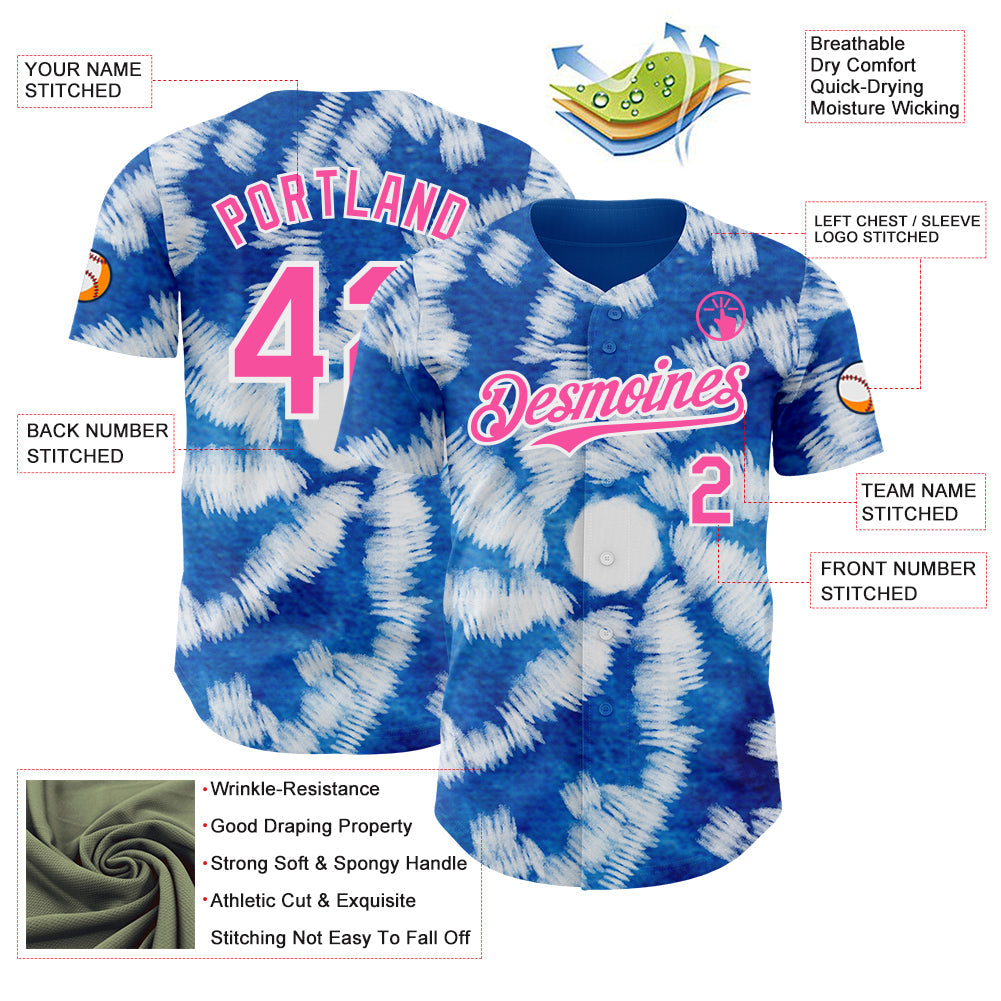 Custom Tie Dye Pink-White Shibori Pattern Authentic Baseball Jersey view 3