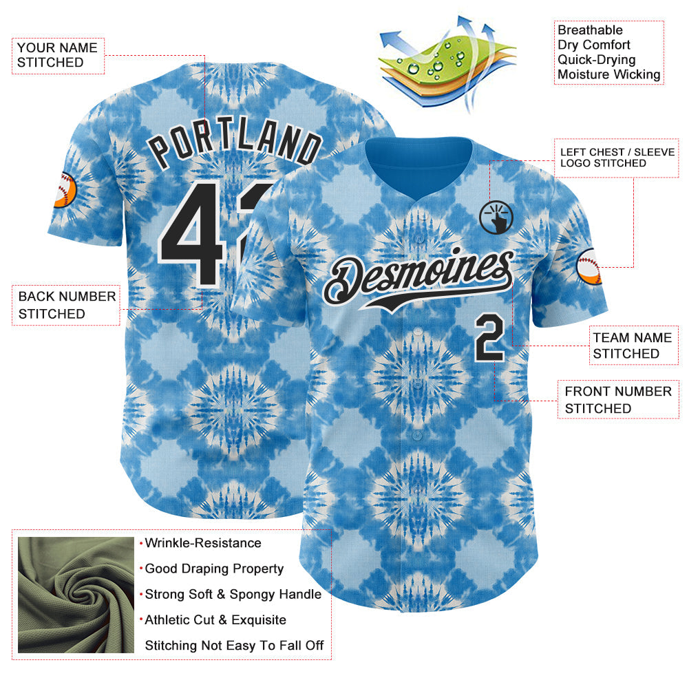 Custom Tie Dye Black-White Shibori Pattern Authentic Baseball Jersey view 3