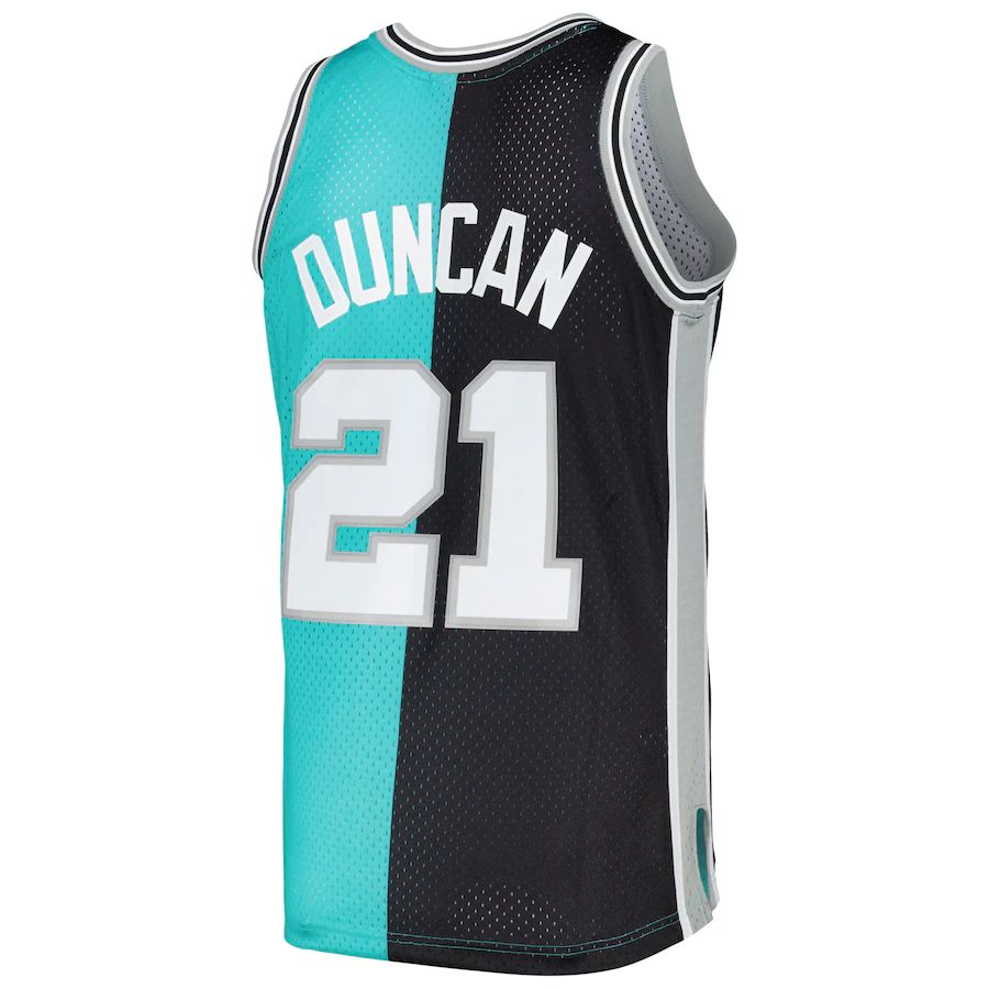 S.Antonio Spurs #21 Tim Duncan Mitchell & Ness Hardwood Classics 1998-99 Split Swingman Jersey Black-Teal Stitched American Basketball Jersey - Main View