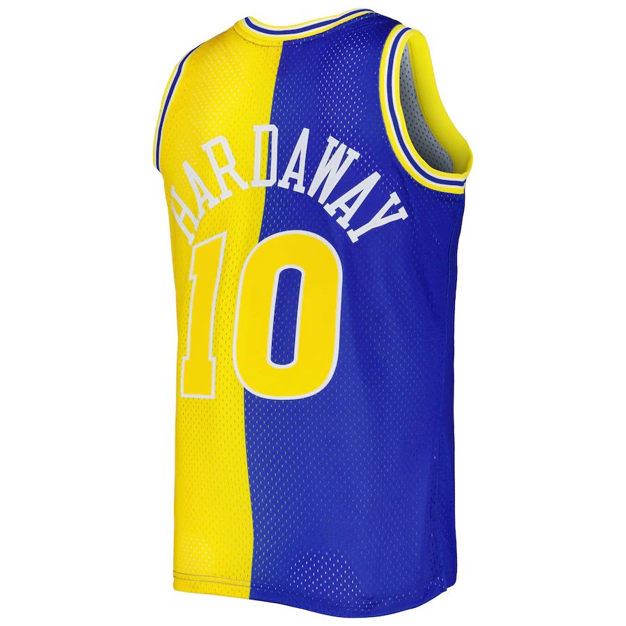G.State Warriors #10 Tim Hardaway Mitchell & Ness Hardwood Classics 1990-91 Split Swingman Jersey Royal Gold Stitched American Basketball Jersey - Main View
