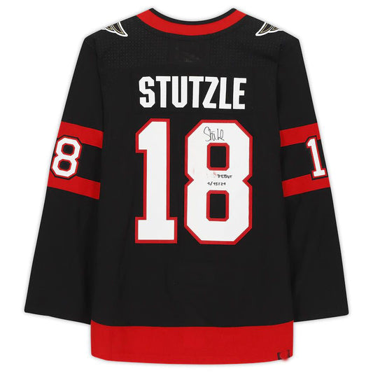 O.Senators #18 Tim Stutzle Fanatics Authentic Autographed with Debut 1-15-21 Inscription Black Stitched American Hockey Jerseys - Main View