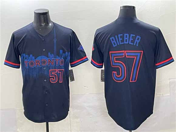 Toronto Blue Jays #57 Shane Bieber Navy 2024 City Connect Limited Stitched Baseball Jersey - Main View