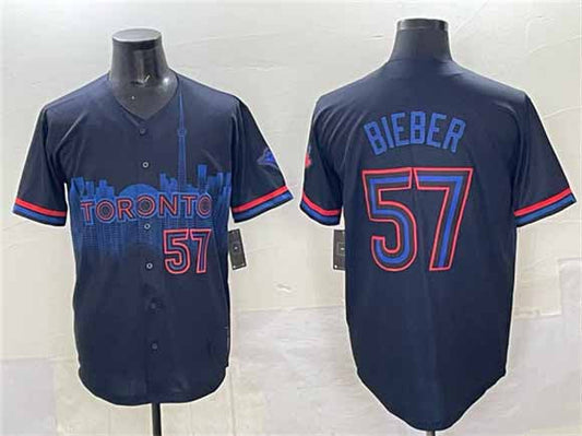 Toronto Blue Jays #57 Shane Bieber Navy 2024 City Connect Limited Stitched Baseball Jersey - Main View