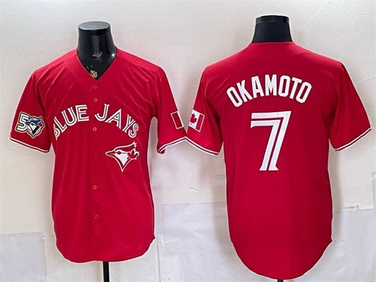 Toronto Blue Jays #7 Kazuma Okamoto Red 50 Seasons Patch Stitched Baseball Jersey - Main View
