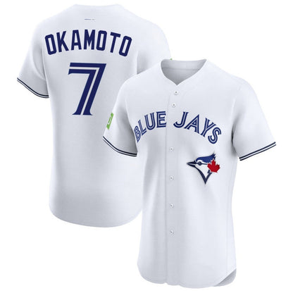 Toronto Blue Jays #7 Kazuma Okamoto White Home Elite Sponsor Patch Stitched Baseball Jersey - Main View