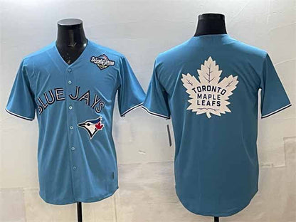 Toronto Blue Jays & Leafs Blue 2025 World Series With White Leafs Logo Cool Base Stitched Baseball Jersey - Main View
