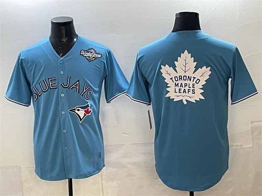 Toronto Blue Jays & Leafs Blue 2025 World Series With White Leafs Logo Cool Base Stitched Baseball Jersey - Main View