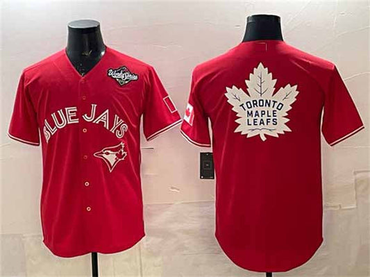 Toronto Blue Jays & Leafs Red 2025 World Series With White Leafs Logo Cool Base Stitched Baseball Jersey - Main View