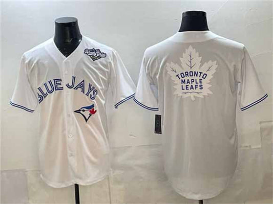 Toronto Blue Jays & Leafs White 2025 World Series With White Leafs Logo Cool Base Stitched Baseball Jersey - Main View