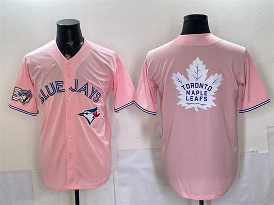 Toronto Blue Jays & Leafs With White Leafs Logo Pink 50 Seasons Patch Stitched Baseball Jersey - Main View