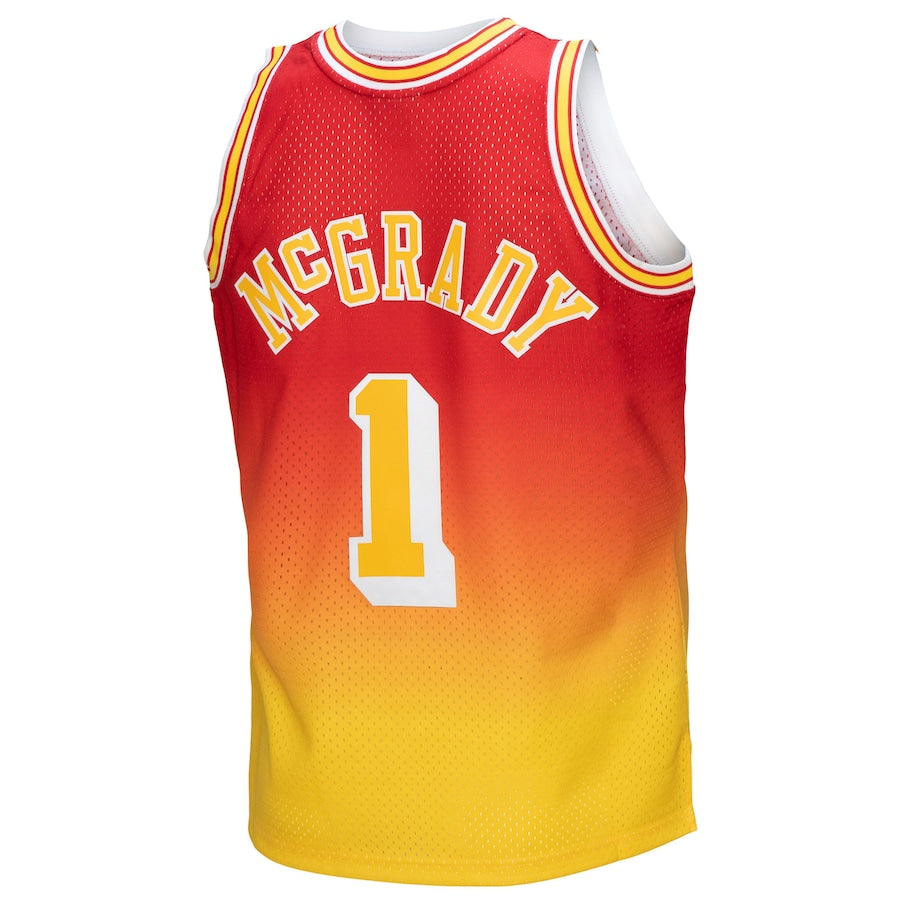 H.Rockets #1 Tracy McGrady Mitchell & Ness 2004-05 Hardwood Classics Fadeaway Swingman Player Jersey Gold Red Stitched American Basketball Jersey - Main View