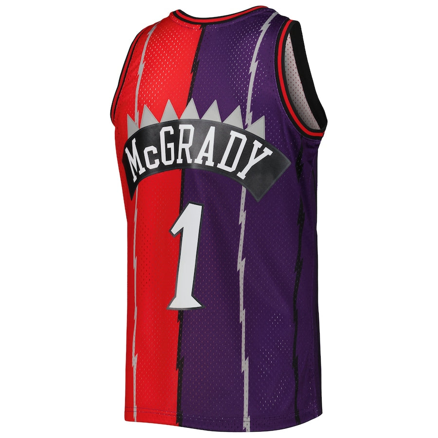 T.Raptors #1 Tracy McGrady Mitchell & Ness Hardwood Classics 1998-99 Split Swingman Jersey PurpleRed Stitched American Basketball Jersey - Main View
