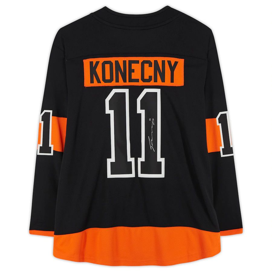 P.Flyers #11 Travis Konecny Fanatics Authentic Autographed Alternate Fanatics Breakaway Jersey Black Stitched American Hockey Jerseys - Main View