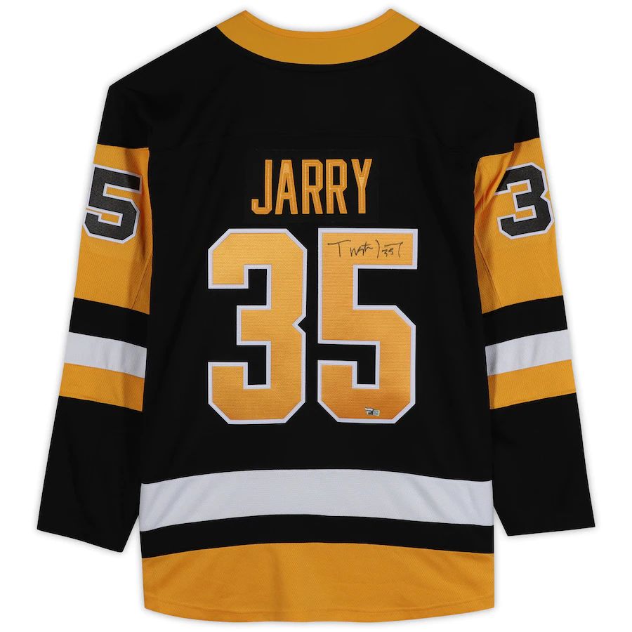 P.Penguins #35 Tristan Jarry Fanatics Authentic Autographed Breakaway Jersey Black Stitched American Hockey Jerseys - Main View