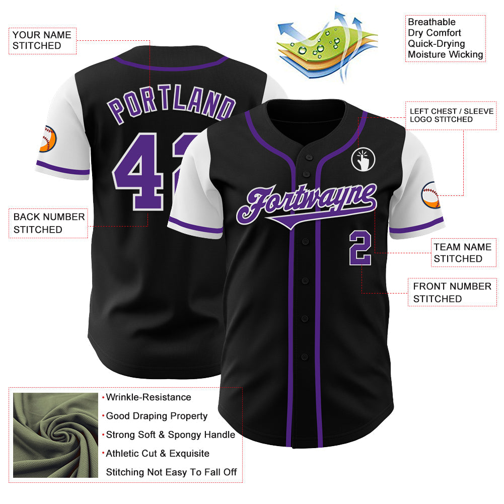 Custom Black Purple-White Authentic Two Tone Baseball Jersey view 3