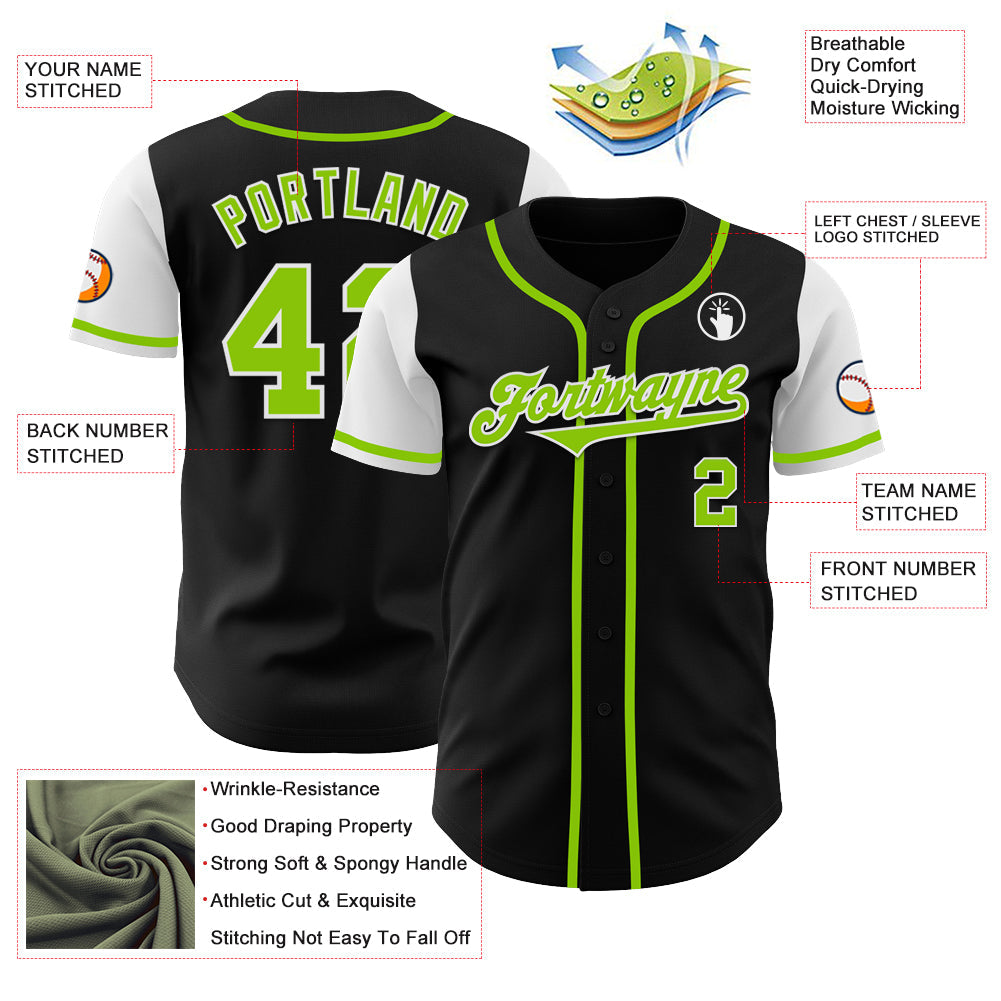 Custom Black Neon Green-White Authentic Two Tone Baseball Jersey view 3