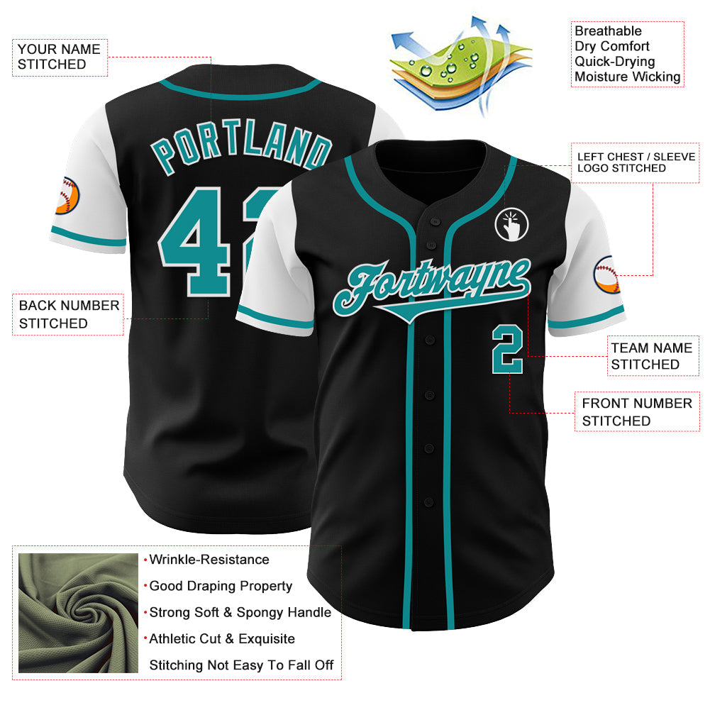 Custom Black Teal-White Authentic Two Tone Baseball Jersey view 3