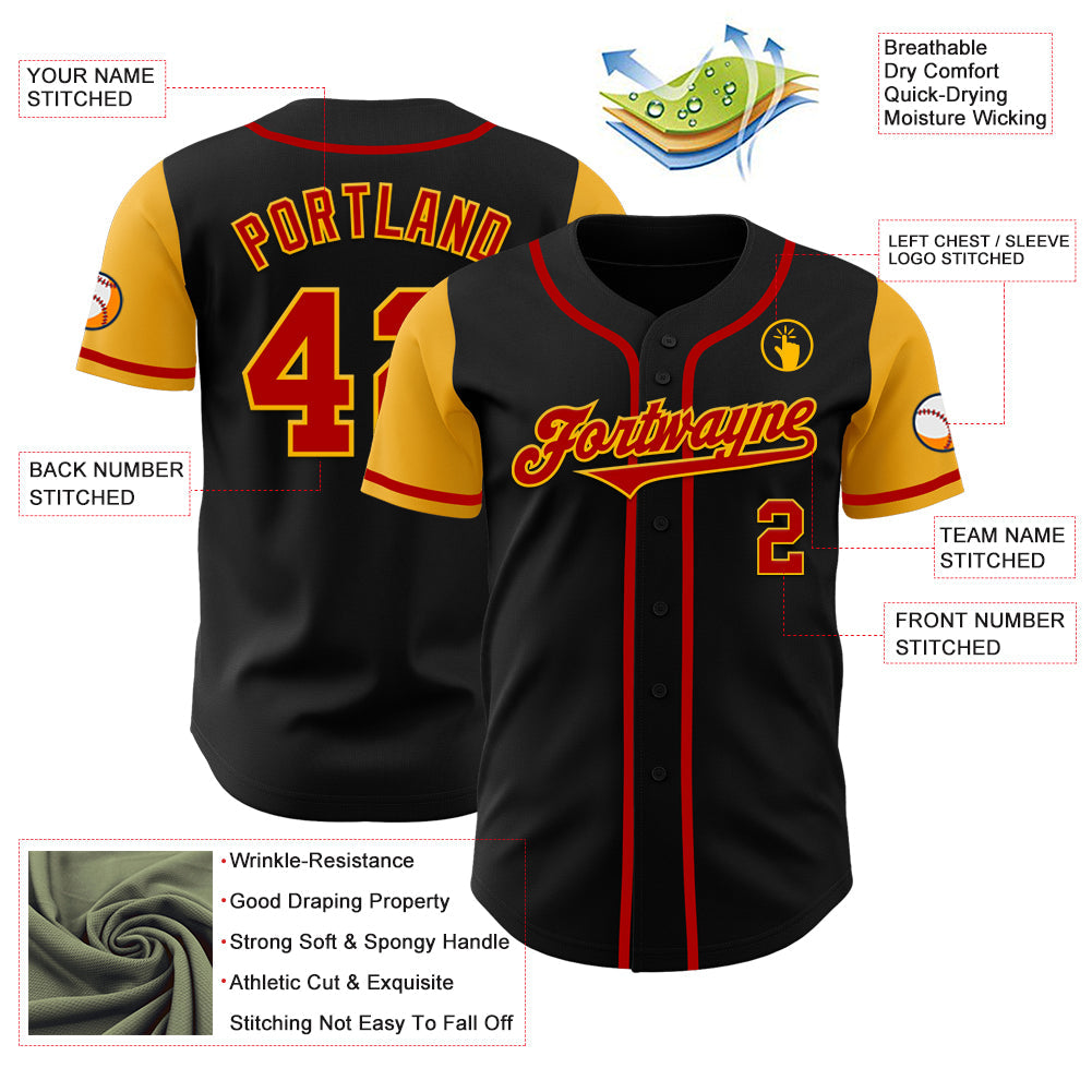 Custom Black Red-Gold Authentic Two Tone Baseball Jersey view 3