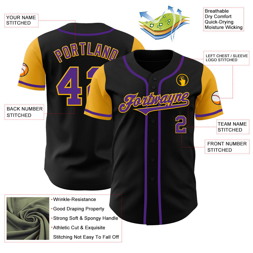 Custom Black Purple-Gold Authentic Two Tone Baseball Jersey view 3