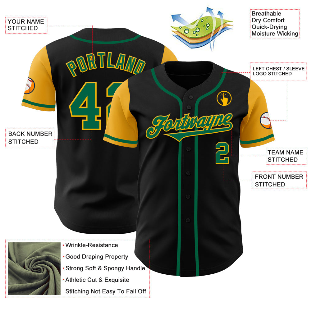 Custom Black Kelly Green-Gold Authentic Two Tone Baseball Jersey view 3