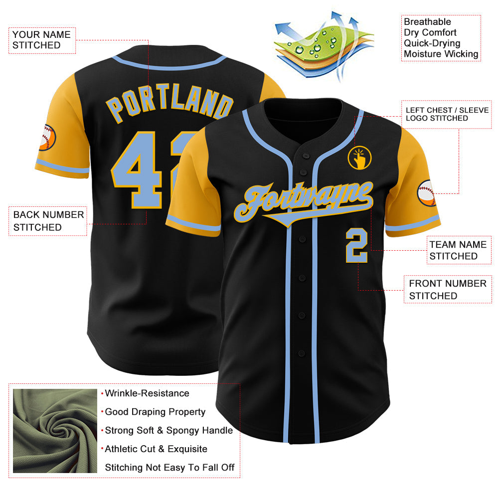 Custom Black Light Blue-Gold Authentic Two Tone Baseball Jersey view 3