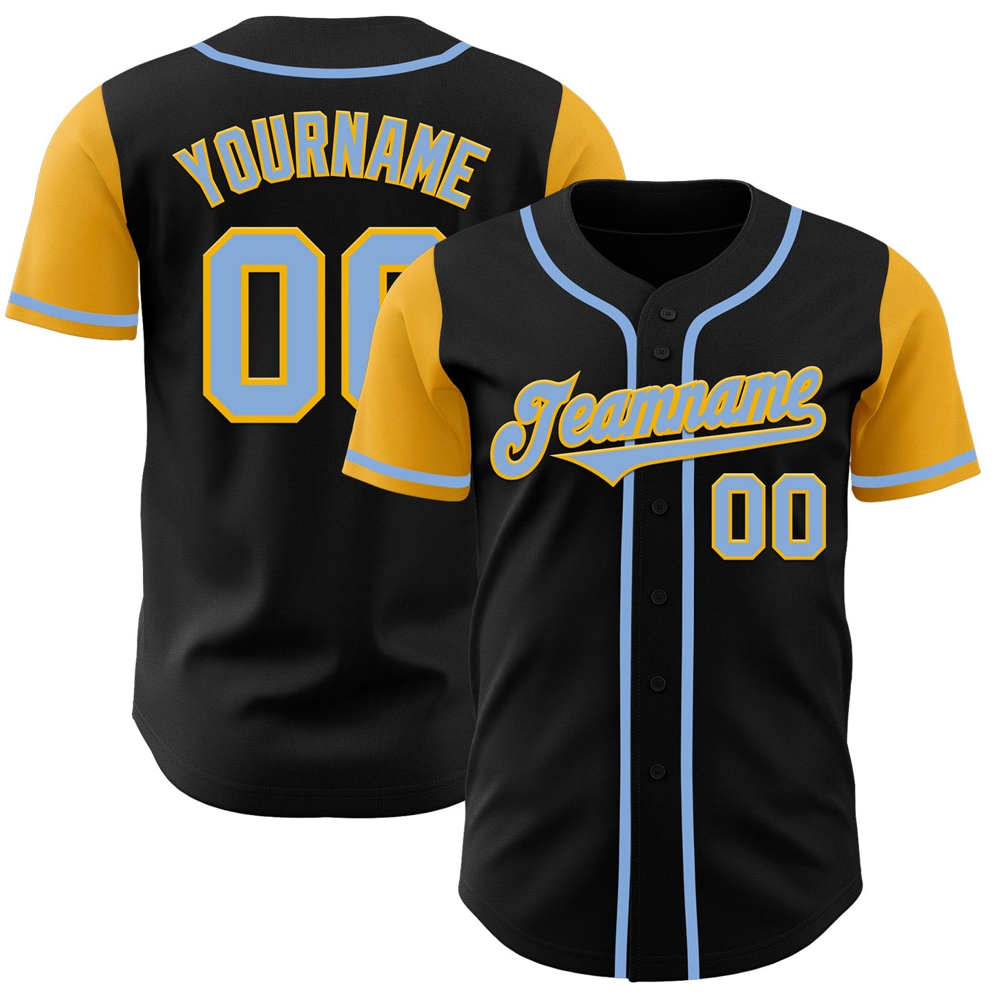 Custom Black Light Blue-Gold Authentic Two Tone Baseball Jersey - Main View