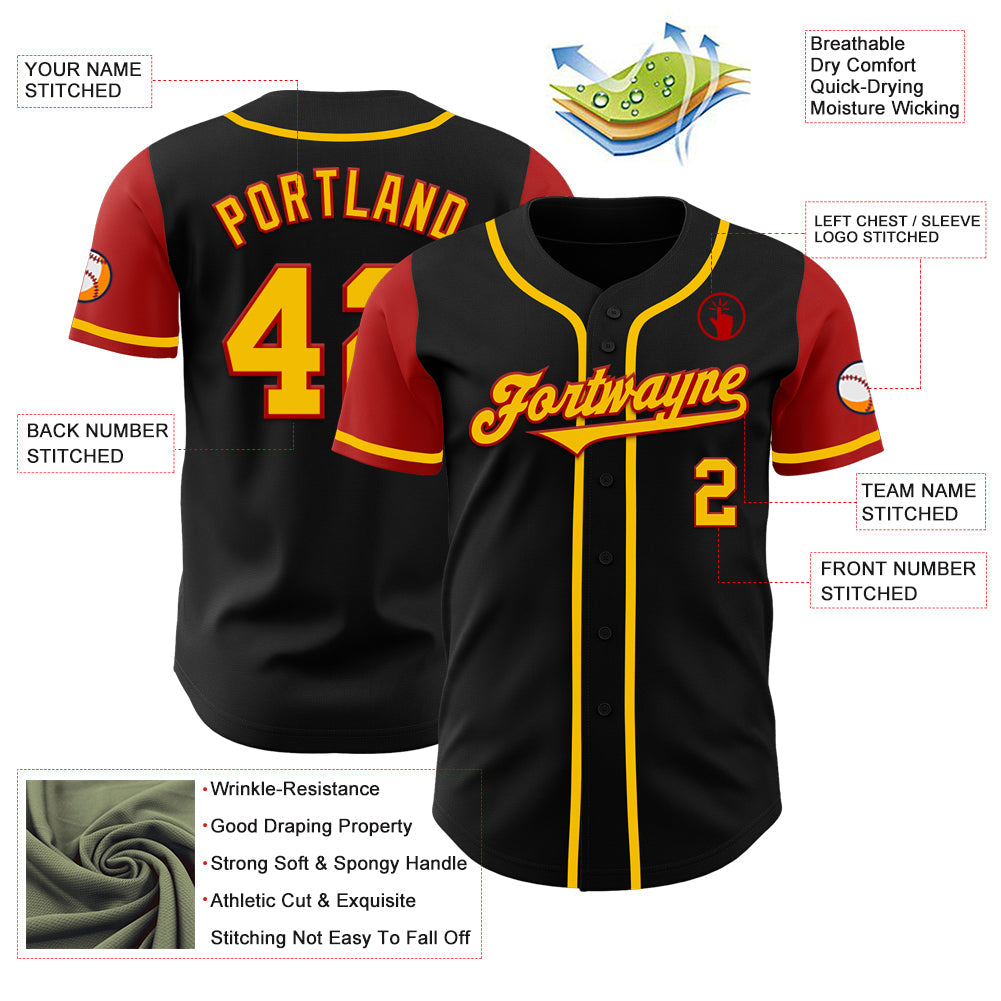 Custom Black Gold-Red Authentic Two Tone Baseball Jersey view 4