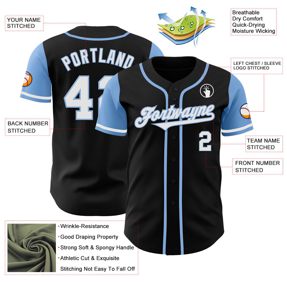 Custom Black White-Light Blue Authentic Two Tone Baseball Jersey view 4