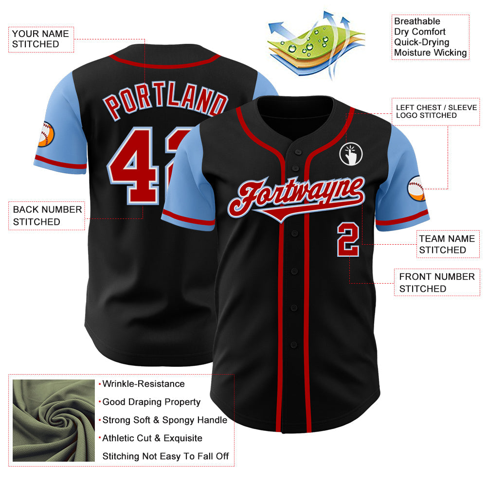 Custom Black Red-Light Blue Authentic Two Tone Baseball Jersey view 3