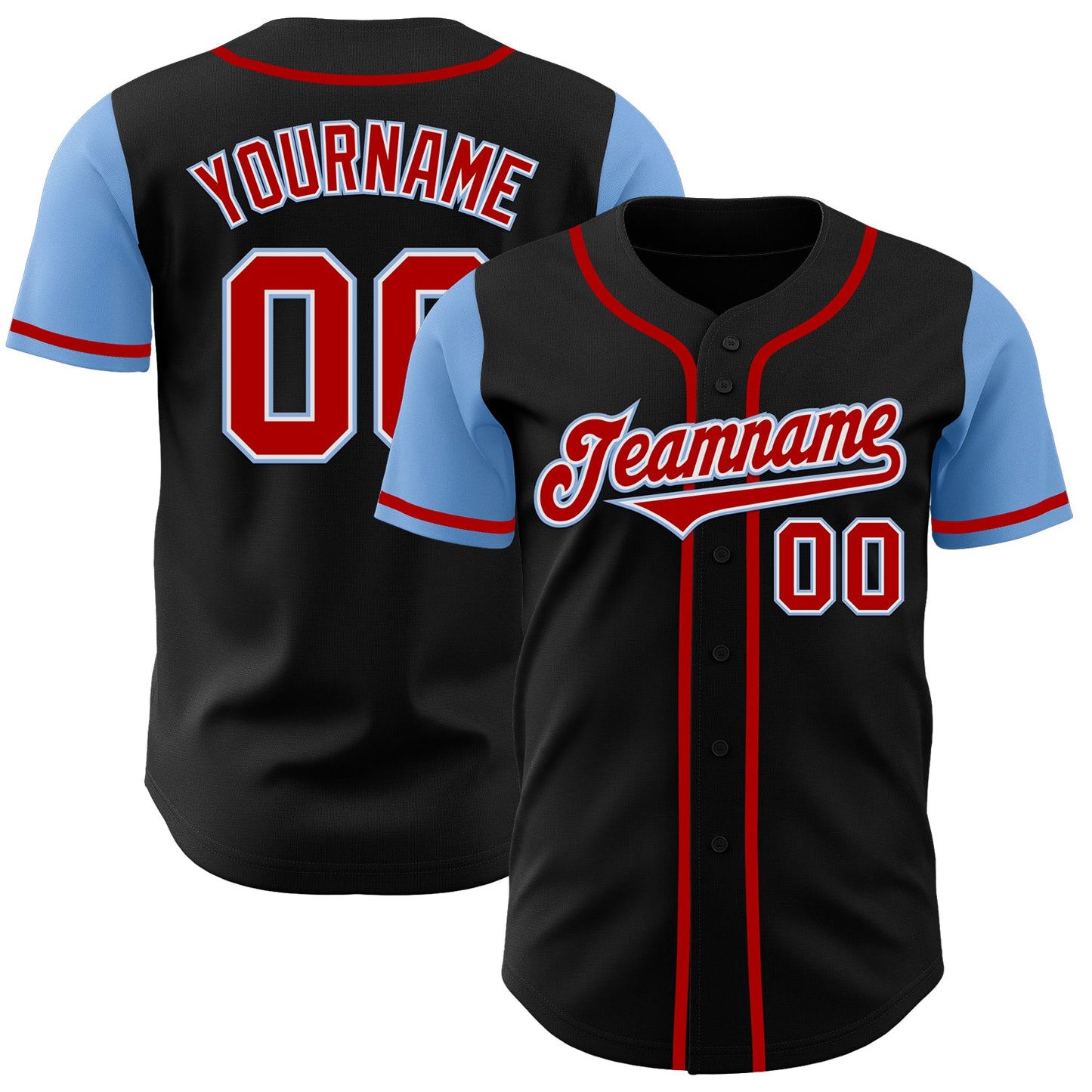 Custom Black Red-Light Blue Authentic Two Tone Baseball Jersey - Main View