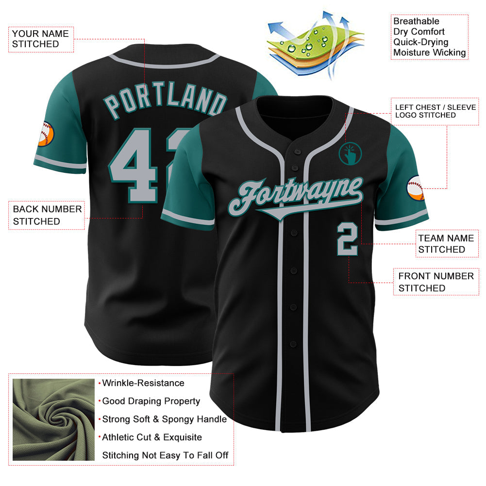 Custom Black Gray-Teal Authentic Two Tone Baseball Jersey view 3