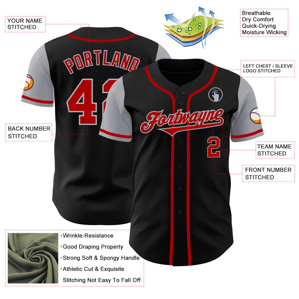 Custom Black Red-Gray Authentic Two Tone Baseball Jersey view 3