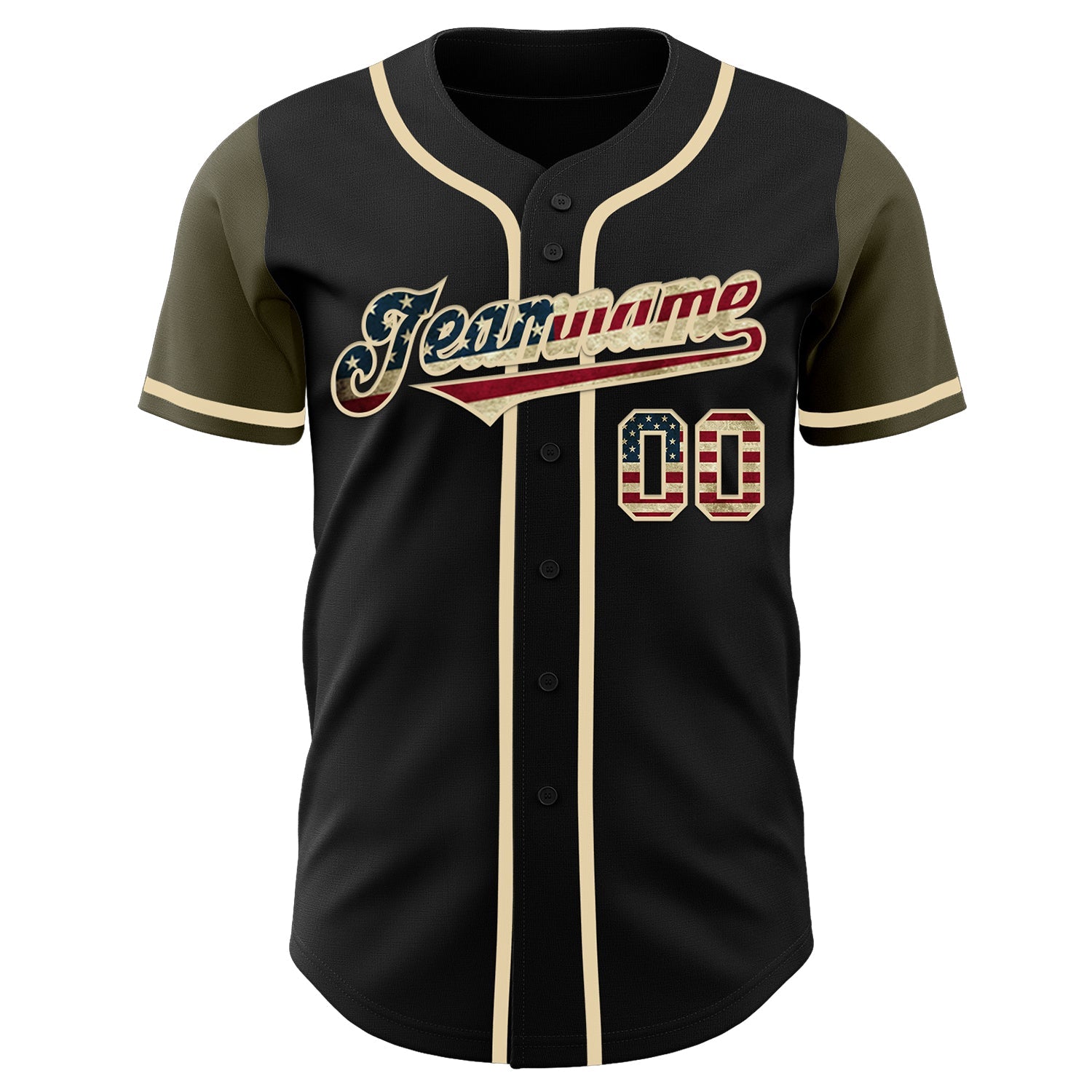 Custom Black Vintage USA Flag-Olive Authentic Two Tone Baseball Jersey view 2