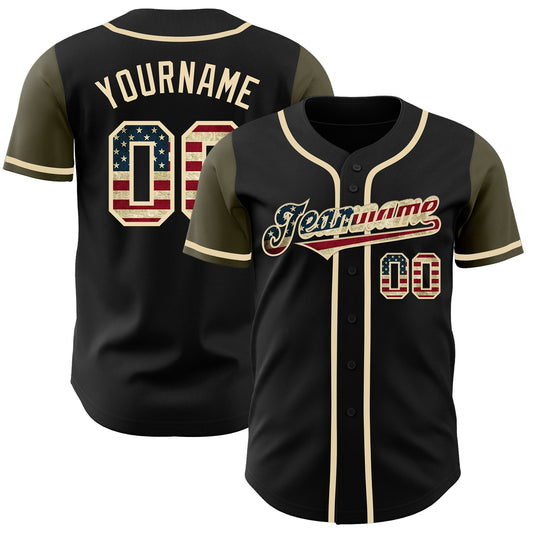 Custom Black Vintage USA Flag-Olive Authentic Two Tone Baseball Jersey - Main View