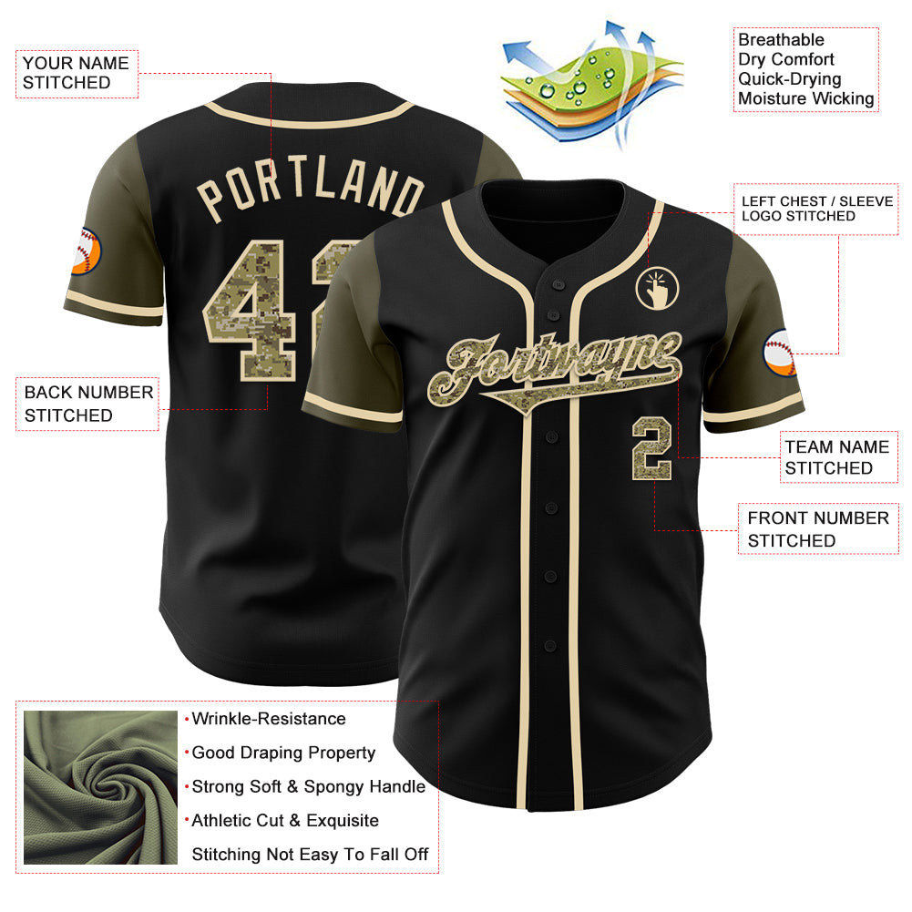 Custom Black Camo-Olive Authentic Two Tone Baseball Jersey view 3