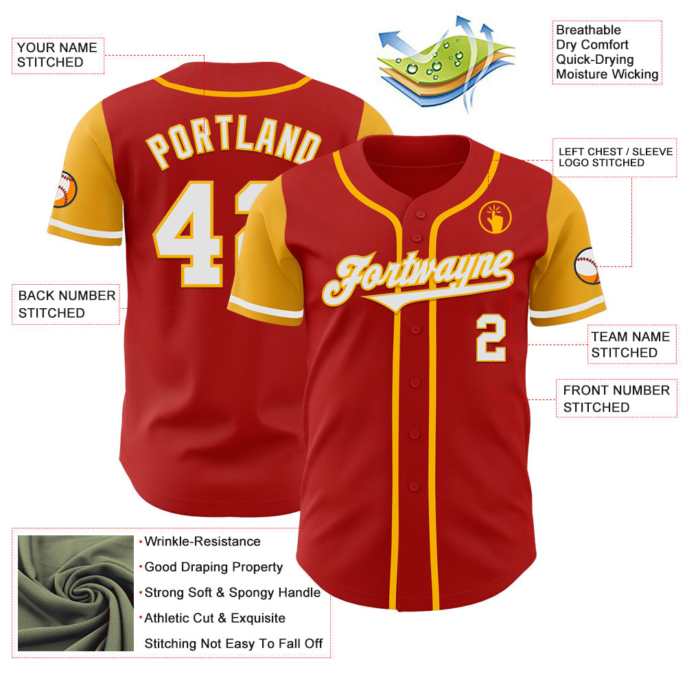 Custom Red White-Gold Authentic Two Tone Baseball Jersey view 3