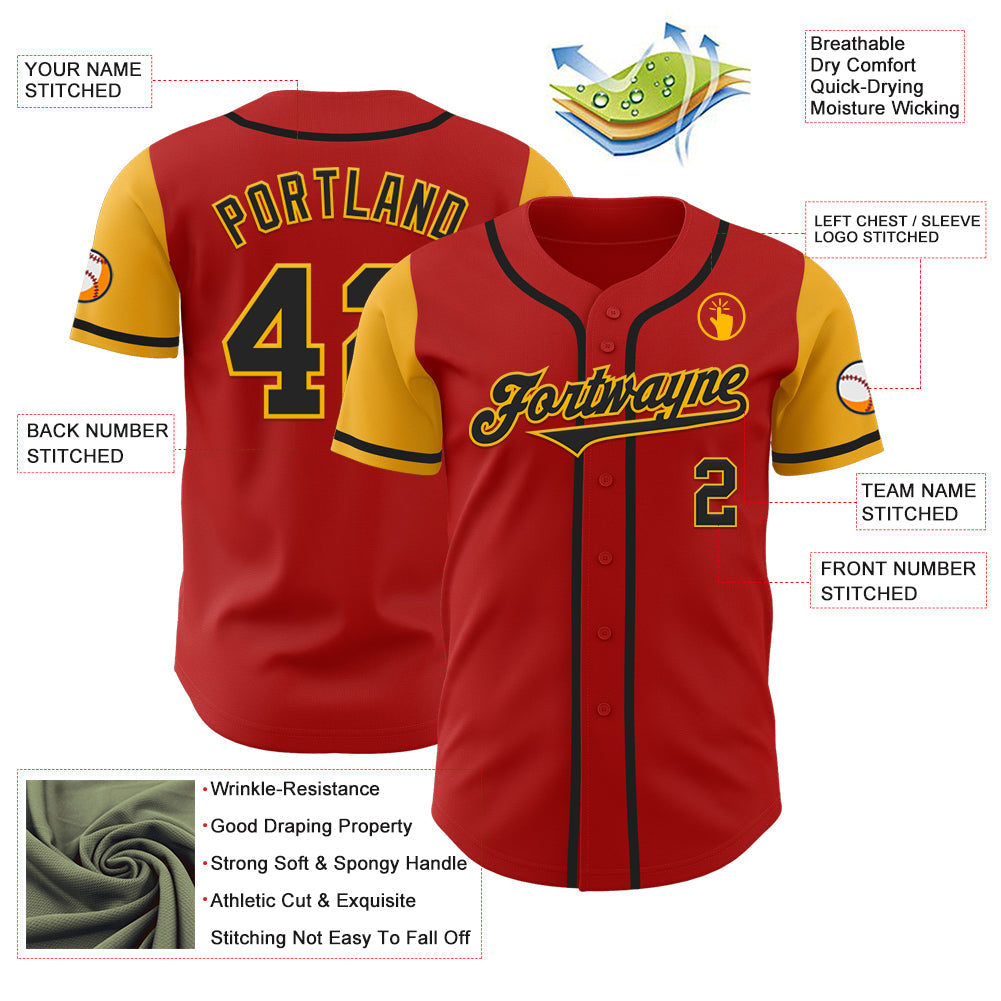 Custom Red Black-Gold Authentic Two Tone Baseball Jersey view 3