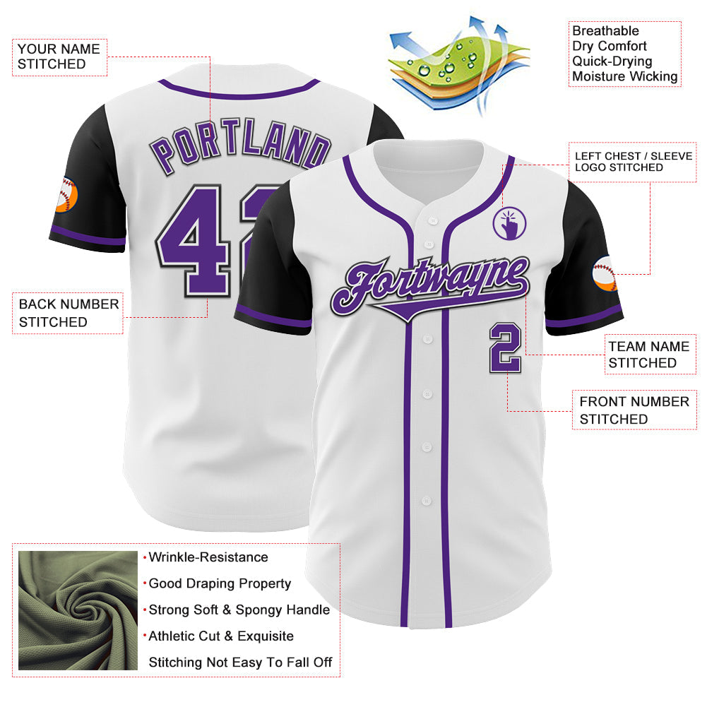 Custom White Purple-Black Authentic Two Tone Baseball Jersey view 3