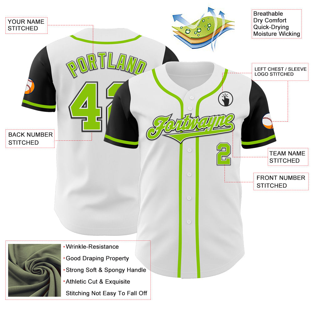 Custom White Neon Green-Black Authentic Two Tone Baseball Jersey view 3