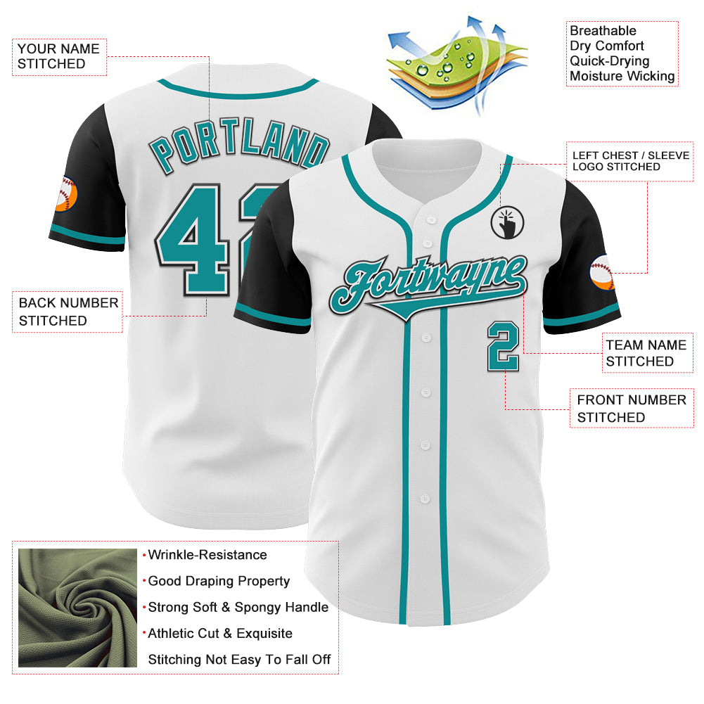 Custom White Teal-Black Authentic Two Tone Baseball Jersey view 3